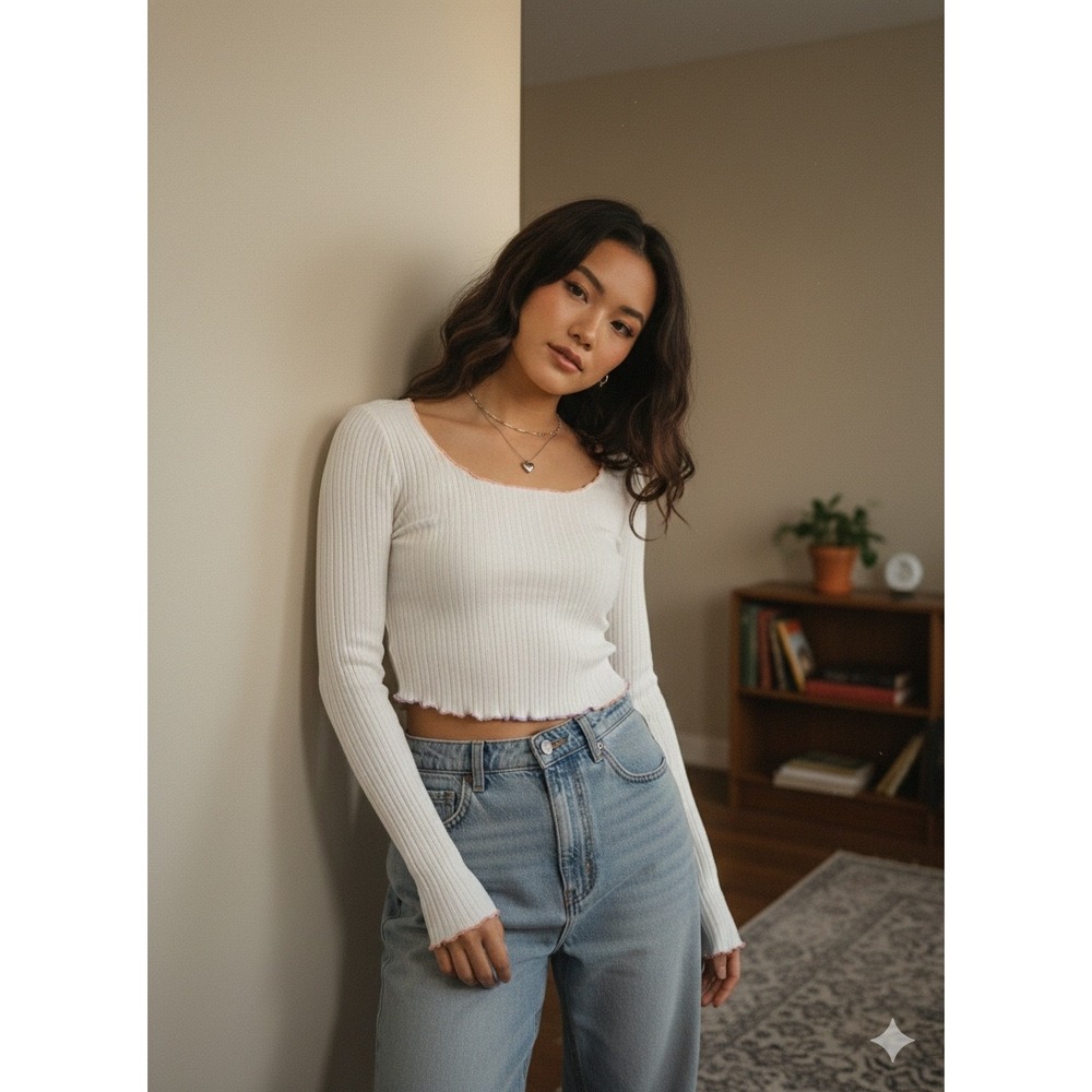 Y2K Forever 21 Ribbed Crop Top White Coquette Lettuce Hem Long Sleeve Baby Tee M